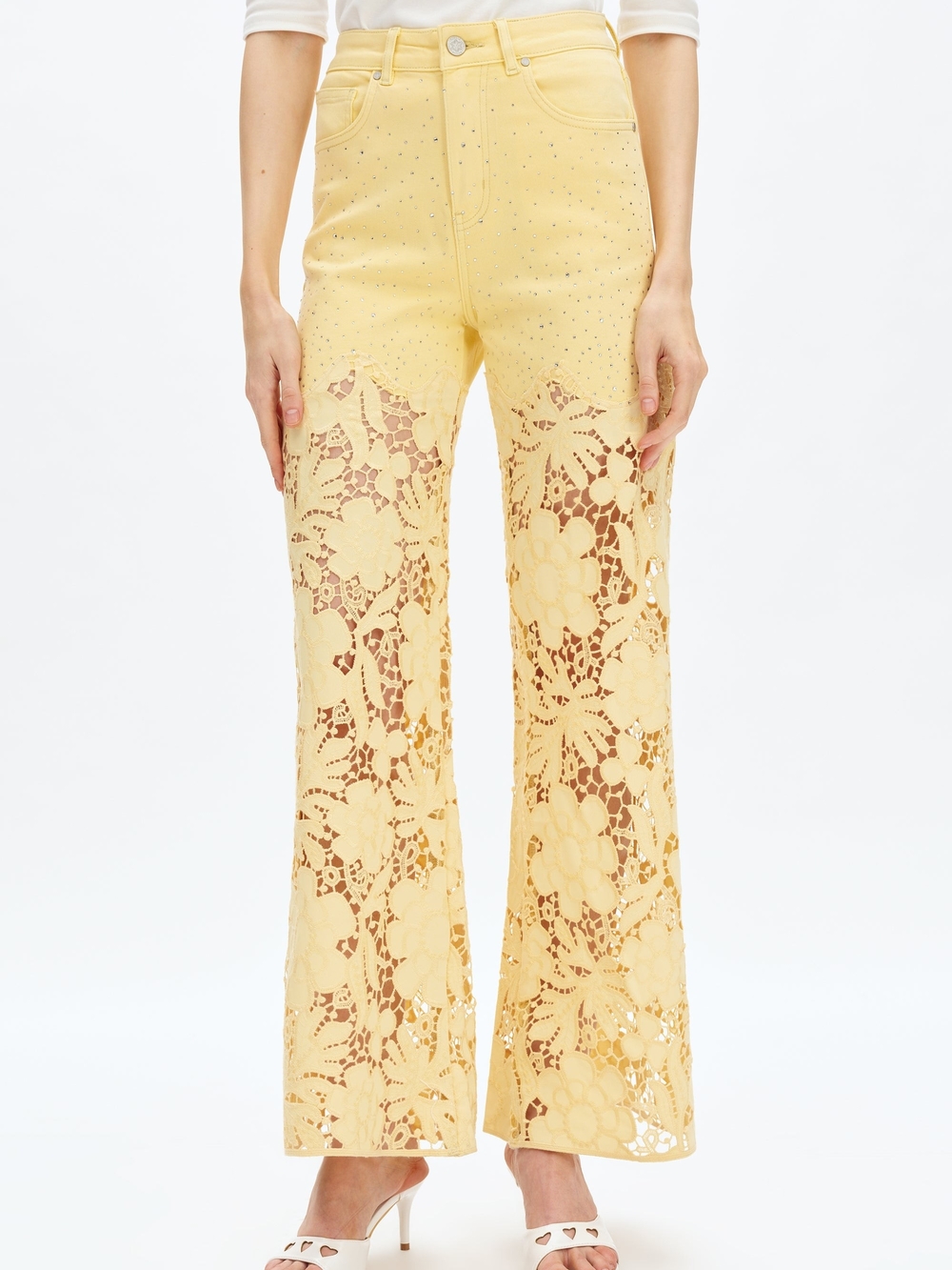 Bayeas Yellow Lace Floral Cutout High-Waist Jeans